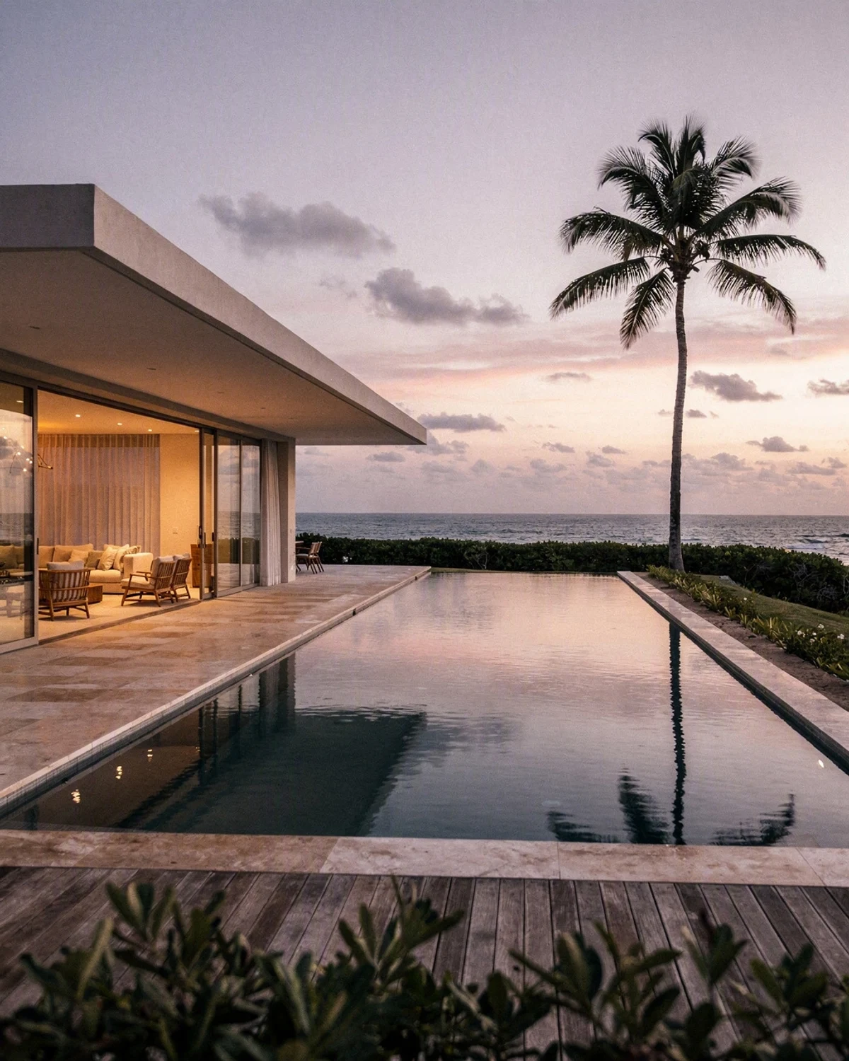 Residência contemporânea à beira-mar em João Pessoa com piscina de borda infinita ao pôr do sol